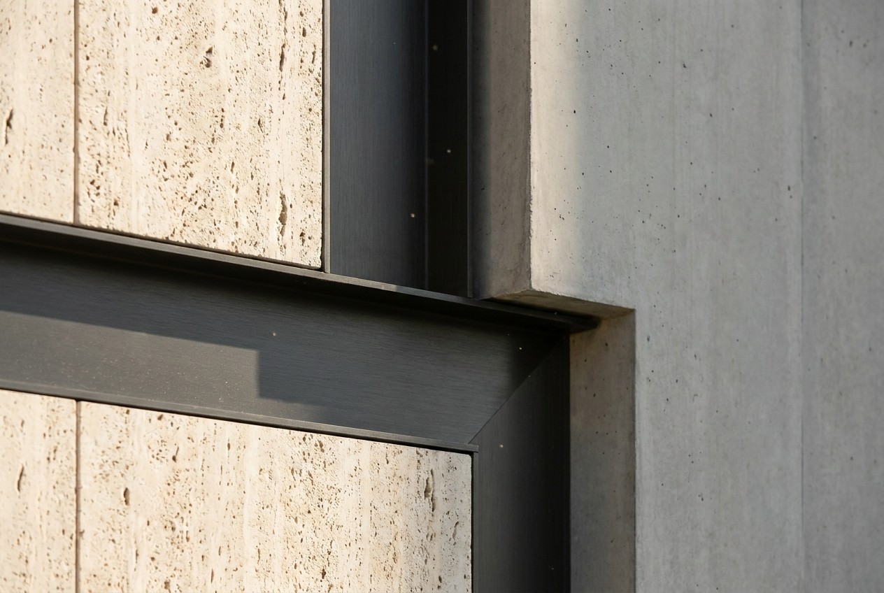 Junction of travertine stone, graphite metal and fair-faced concrete